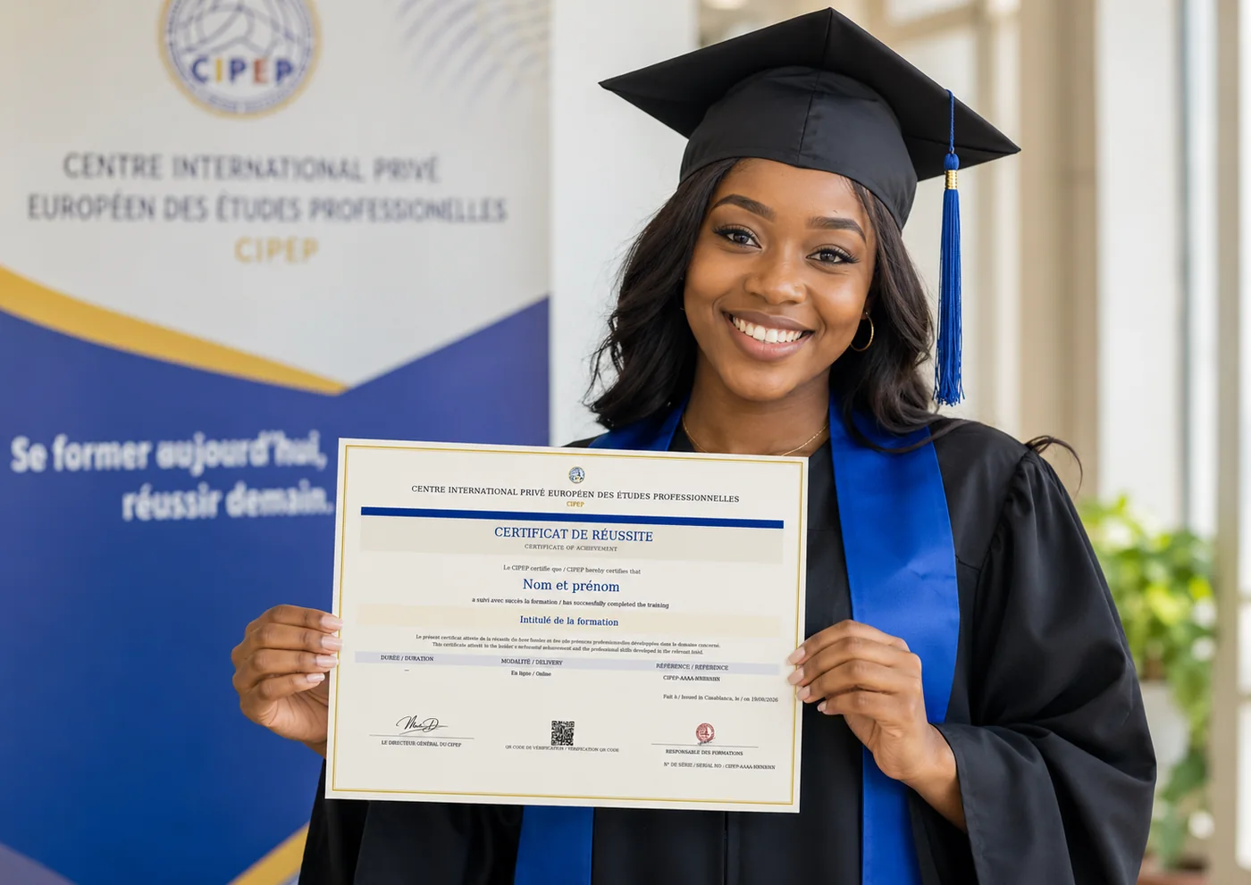 Une diplômée CIPEP présentant son certificat de réussite