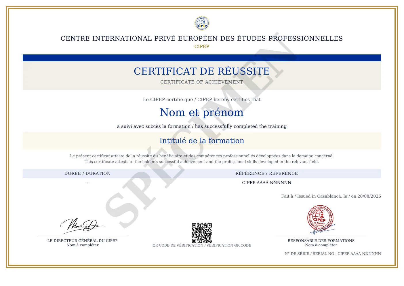 Spécimen du certificat délivré par CIPEP EDUCATION